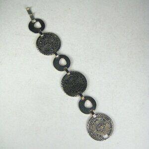 Vintage Sterling Silver Aztec Mayan Calendar Link Bracelet 925 Modern Mexico